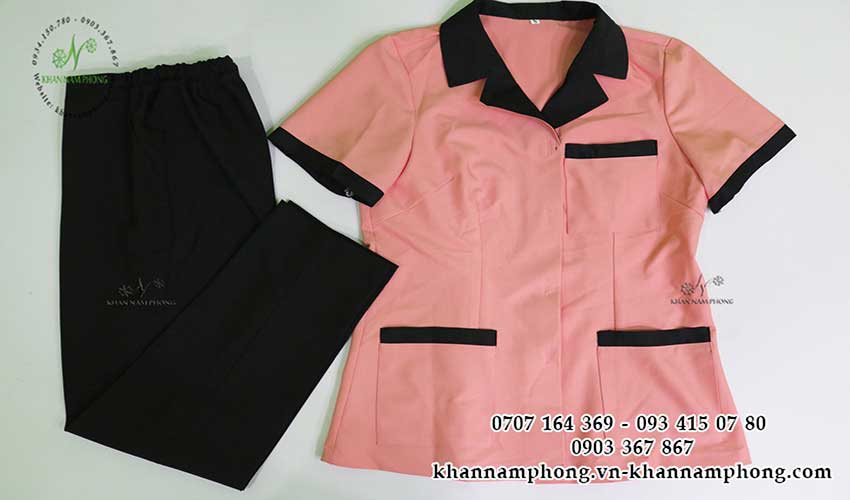 đồng phục spa cotton màu hồng-đen