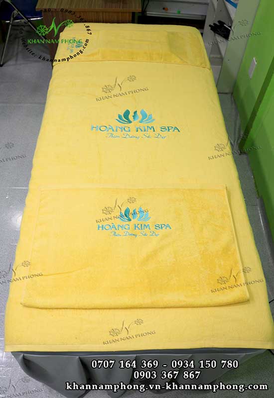 Mẫu khăn trải giường Hoàng Kim Spa (Trắng & amp; Vàng - Cotton)
