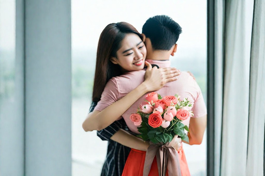 man couple give gift a romantic flower bouquet it to girlfriend woman smile and hug together free photo